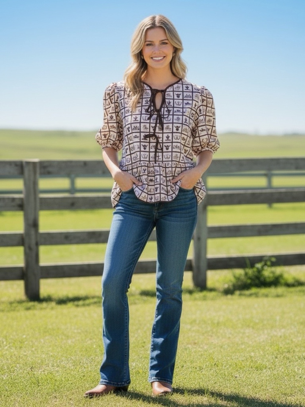 Lucky & Blessed Cream and Brown Printed western Top with Tie Neck